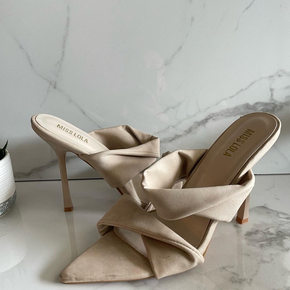 Miss Lola Dillon Taupe Twisted-Strap Pointed Stiletto Mules